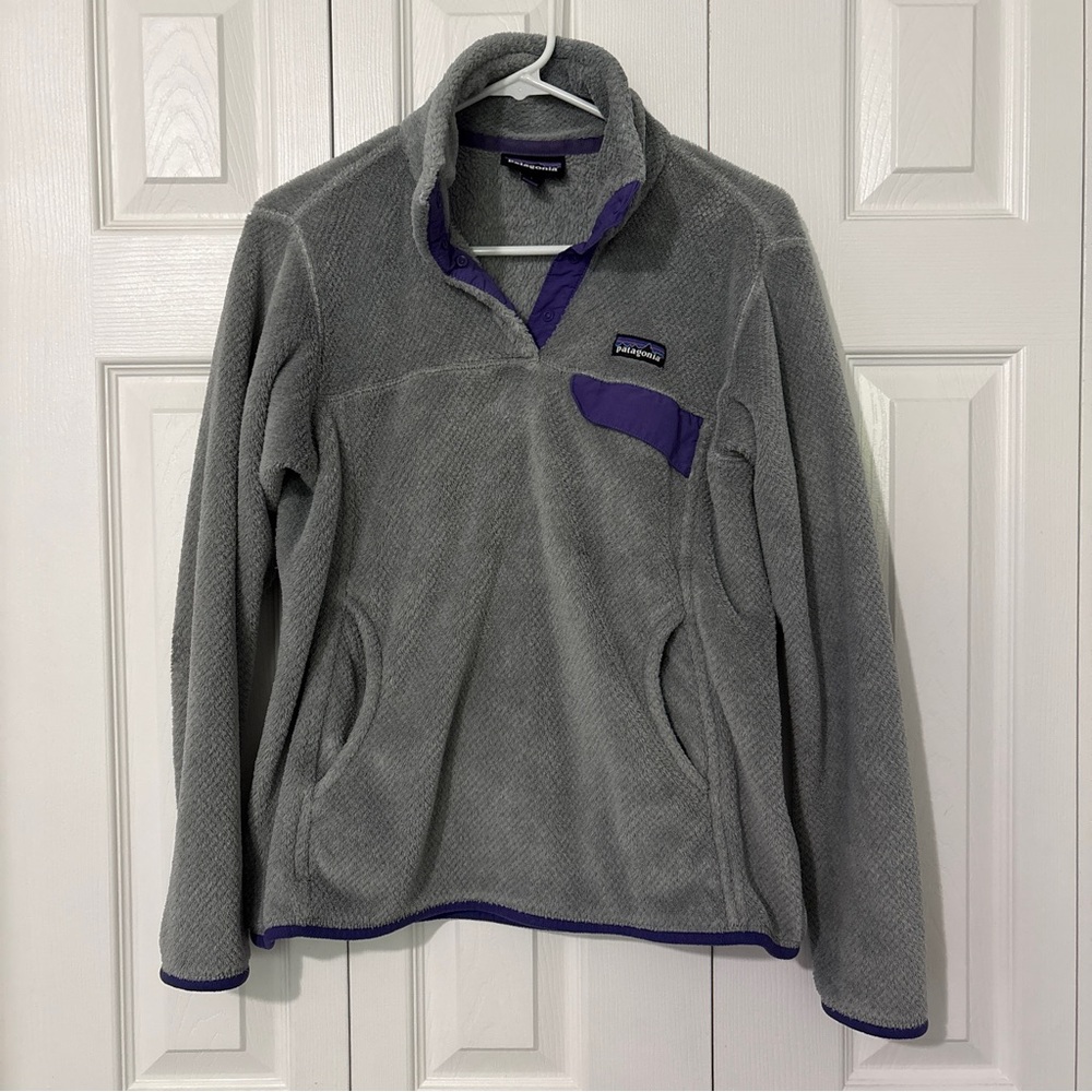 Patagonia Gray Fleece Pullover with Purple Trim